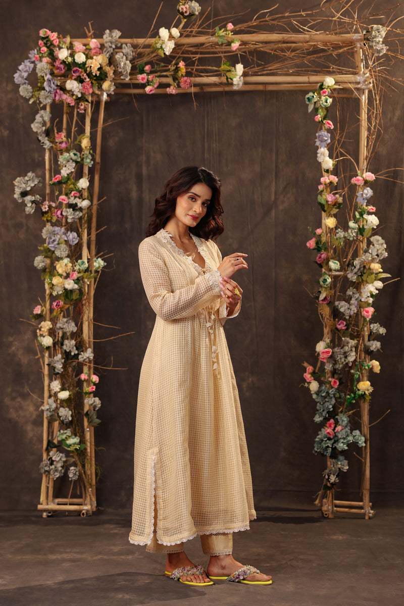 Vaayu Beige Tie-up Kurta Set silk chanderi , silk tencel kurta/kurta set by Niti Bothra in beige for women Worldwide