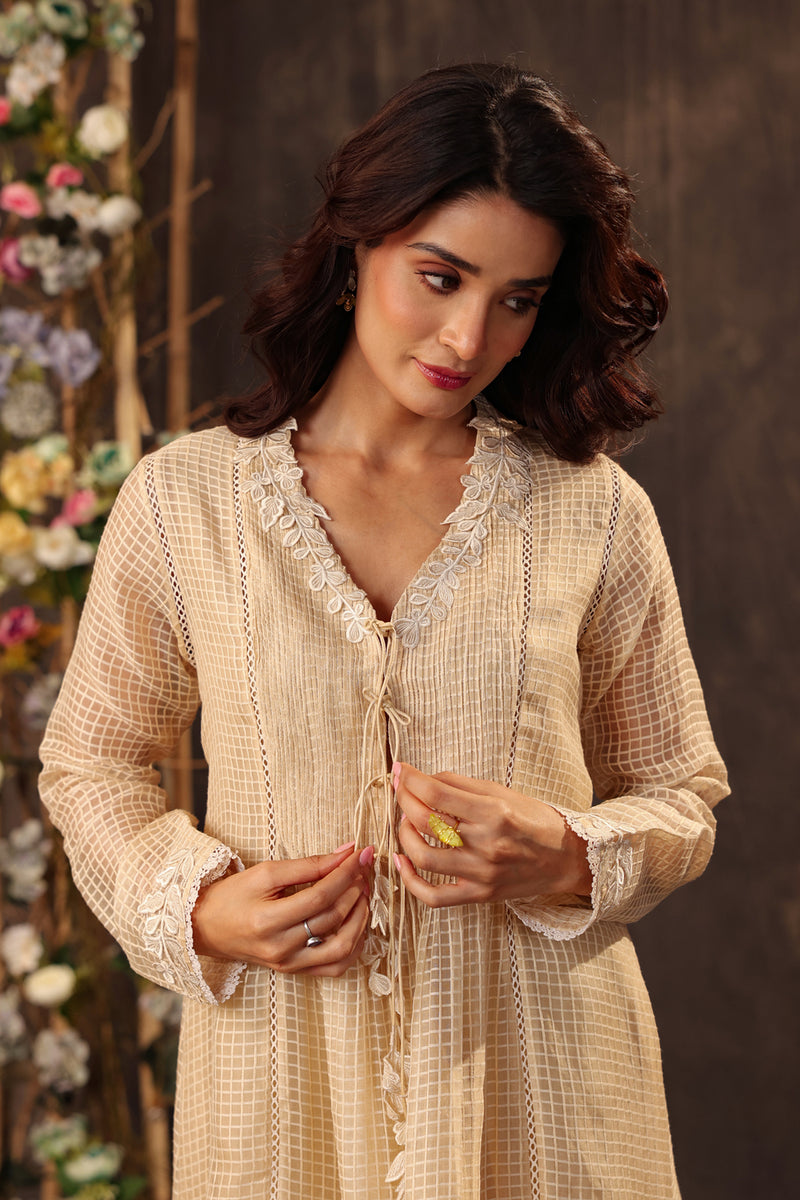 Vaayu Beige Tie-up Kurta Set silk chanderi , silk tencel kurta/kurta set by Niti Bothra in beige for women Worldwide
