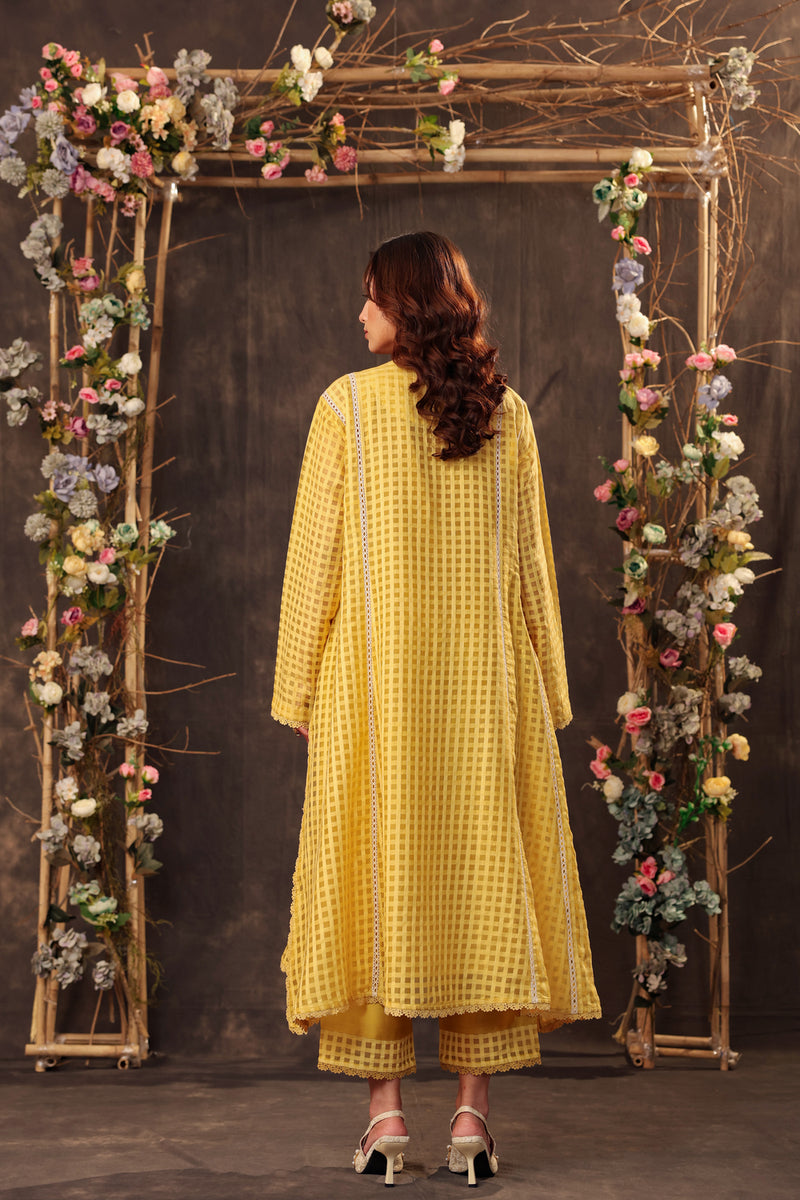 Vaayu Yellow Panelled Kalidar Set silk chanderi , silk tencel kurta/kurta set by Niti Bothra in yellow for women Worldwide