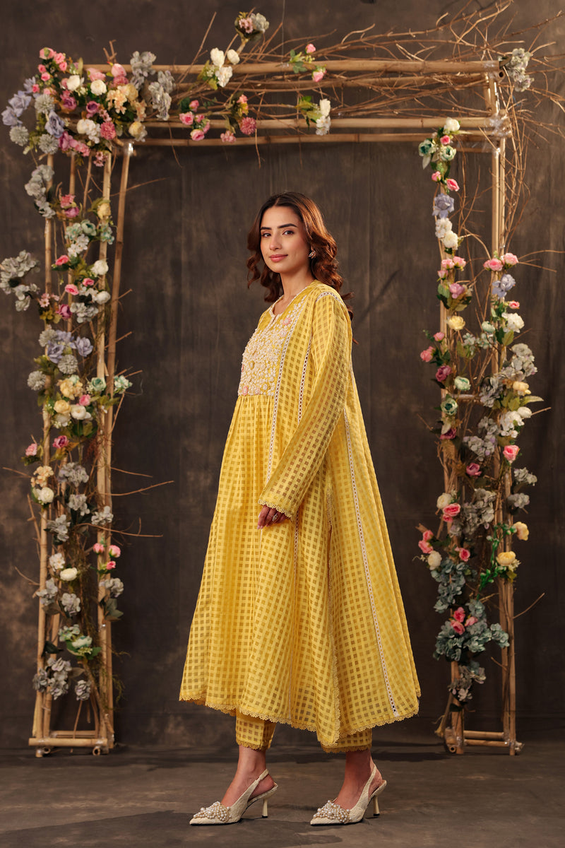 Vaayu Yellow Panelled Kalidar Set silk chanderi , silk tencel kurta/kurta set by Niti Bothra in yellow for women Worldwide
