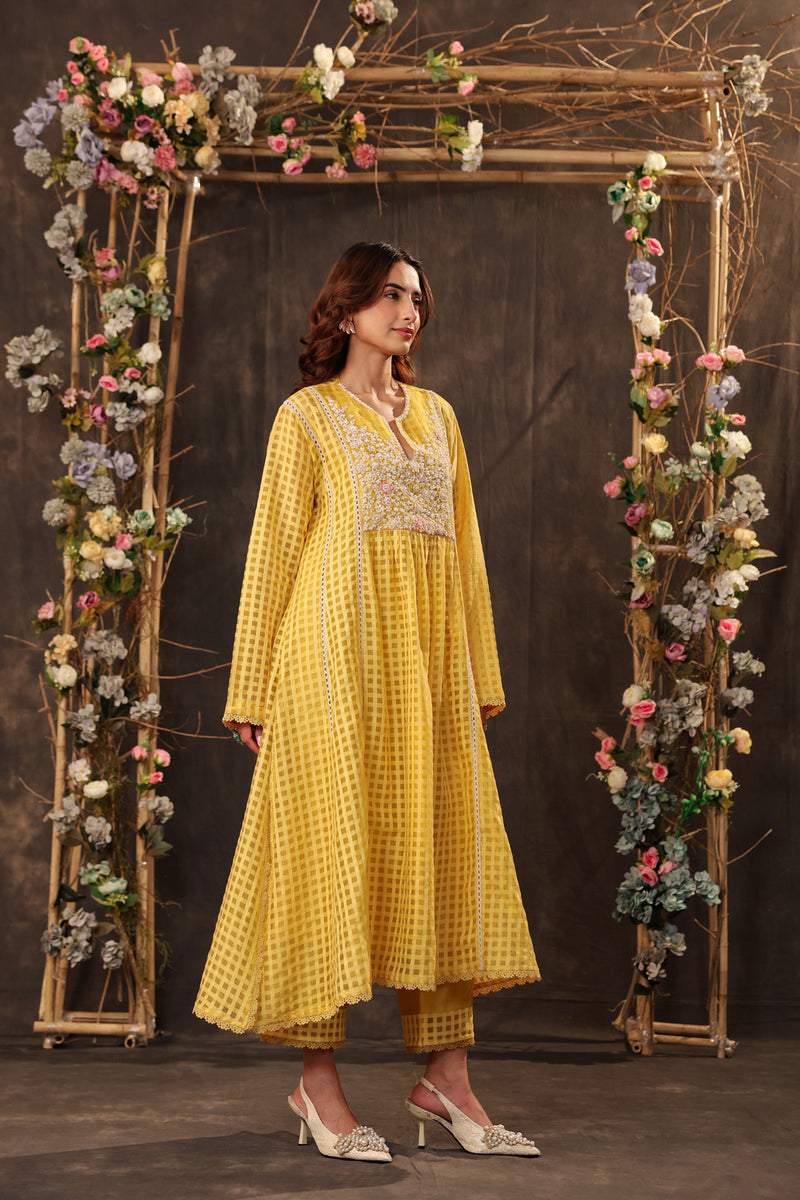 Vaayu Yellow Panelled Kalidar Set silk chanderi , silk tencel kurta/kurta set by Niti Bothra in yellow for women Worldwide