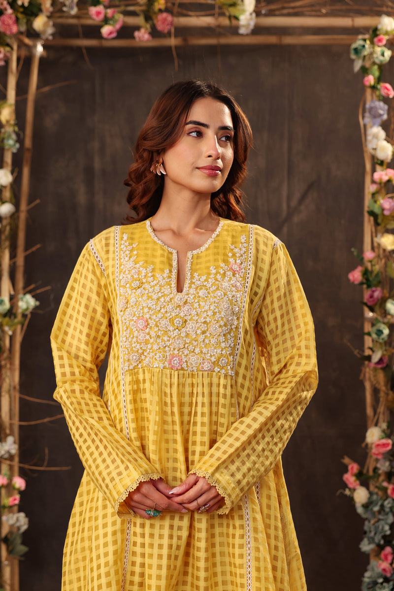 Vaayu Yellow Panelled Kalidar Set silk chanderi , silk tencel kurta/kurta set by Niti Bothra in yellow for women Worldwide