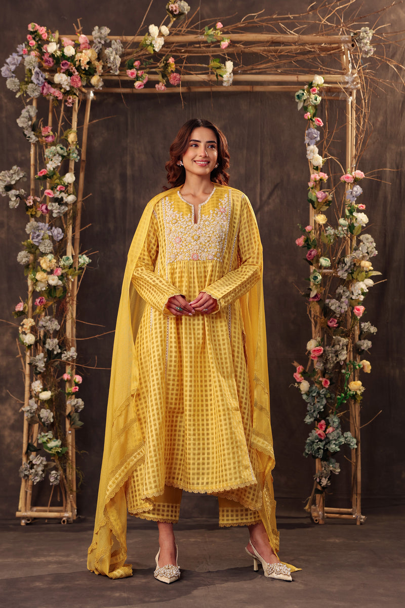 Vaayu Yellow Panelled Kalidar Set silk chanderi , silk tencel kurta/kurta set by Niti Bothra in yellow for women Worldwide