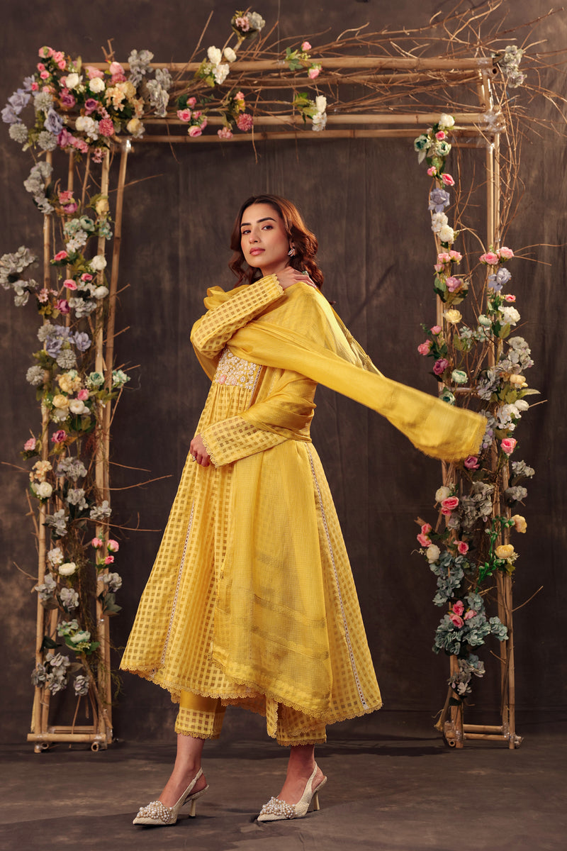 Vaayu Yellow Panelled Kalidar Set silk chanderi , silk tencel kurta/kurta set by Niti Bothra in yellow for women Worldwide