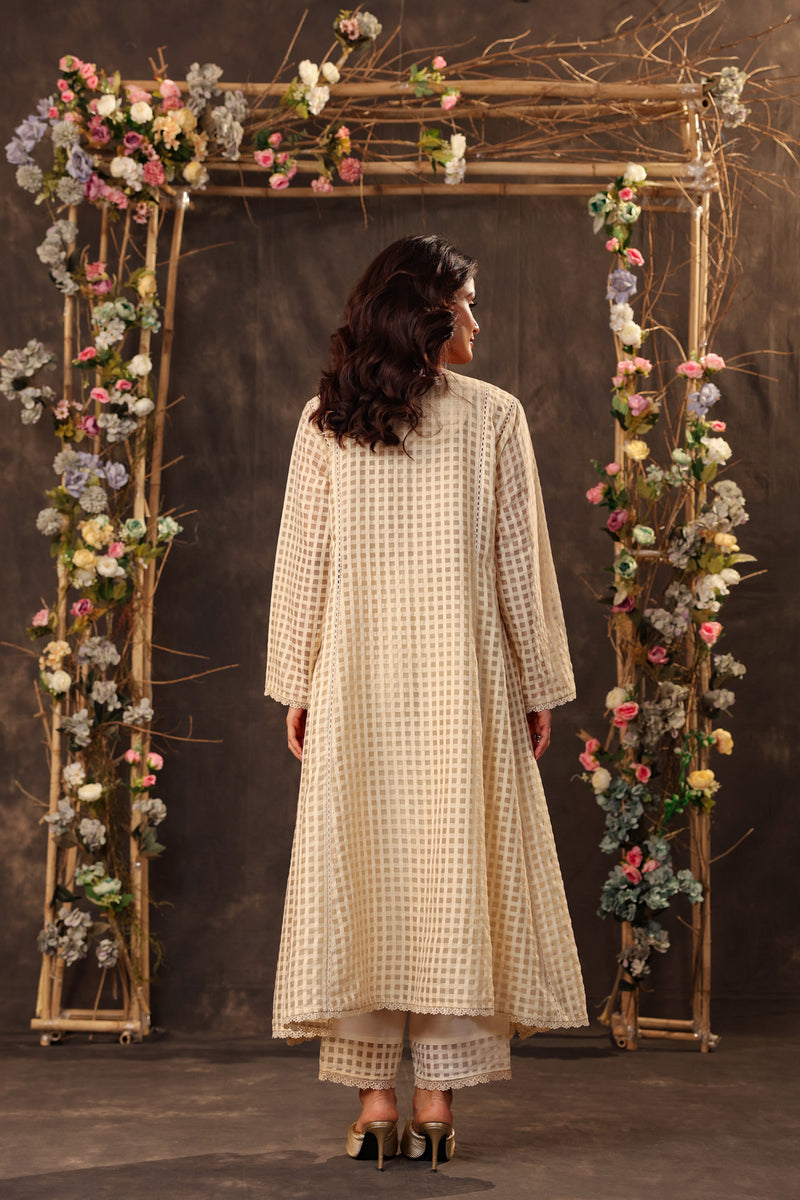 Vaayu Beige Panelled Kalidar Set silk chanderi , silk tencel kurta/kurta set by Niti Bothra in beige for women Worldwide