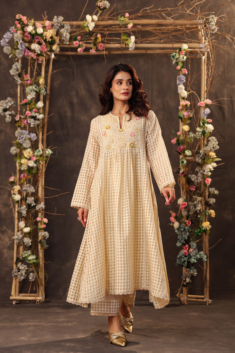 Vaayu Beige Panelled Kalidar Set silk chanderi , silk tencel kurta/kurta set by Niti Bothra in beige for women Worldwide