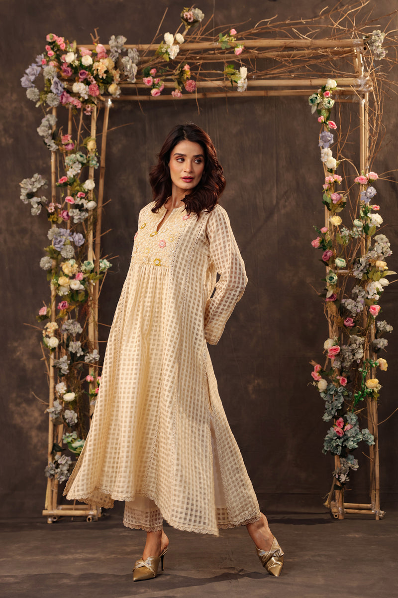 Vaayu Beige Panelled Kalidar Set silk chanderi , silk tencel kurta/kurta set by Niti Bothra in beige for women Worldwide