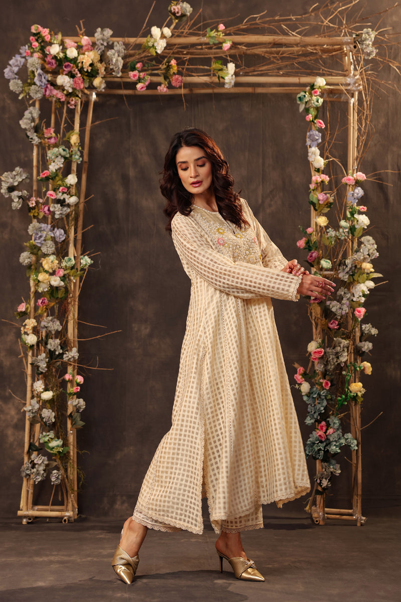 Vaayu Beige Panelled Kalidar Set silk chanderi , silk tencel kurta/kurta set by Niti Bothra in beige for women Worldwide