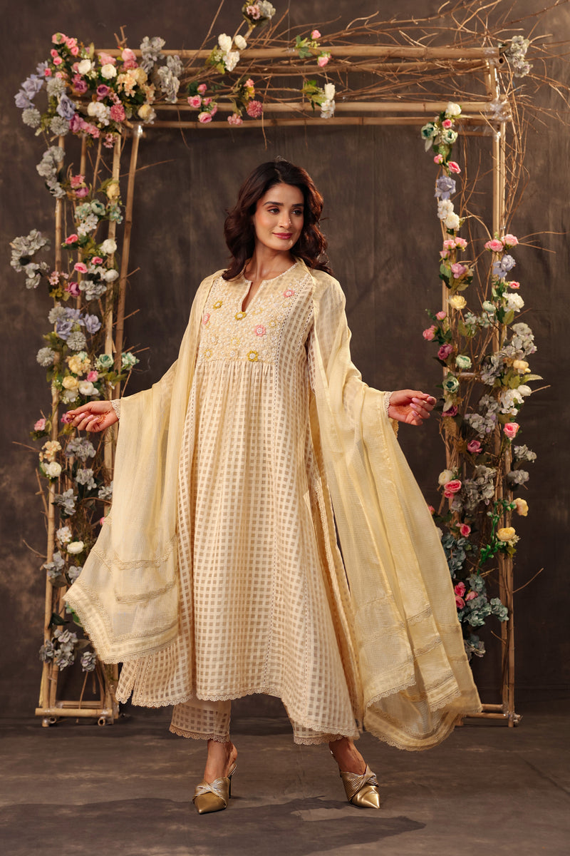 Vaayu Beige Panelled Kalidar Set silk chanderi , silk tencel kurta/kurta set by Niti Bothra in beige for women Worldwide