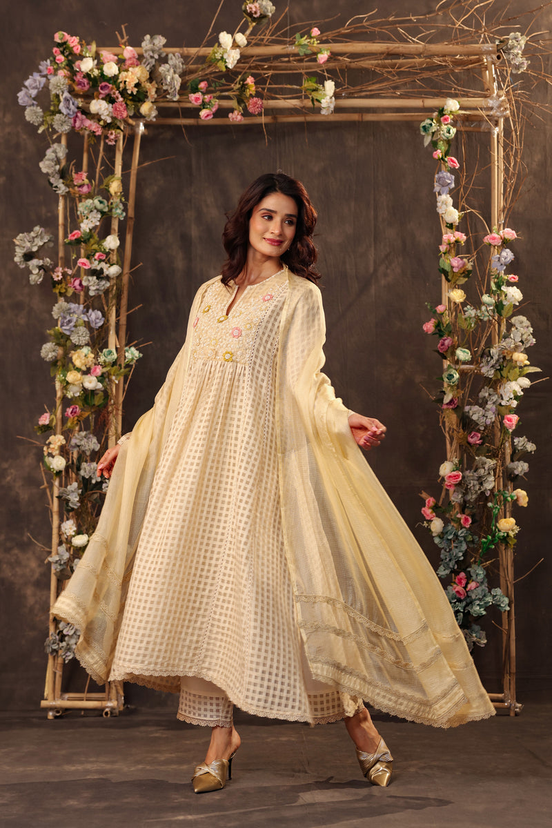 Vaayu Beige Panelled Kalidar Set silk chanderi , silk tencel kurta/kurta set by Niti Bothra in beige for women Worldwide