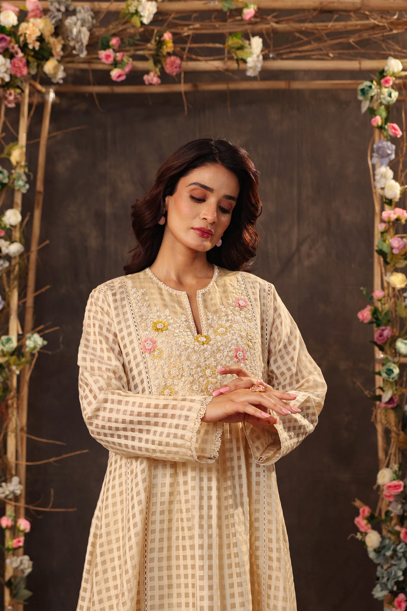 Vaayu Beige Panelled Kalidar Set silk chanderi , silk tencel kurta/kurta set by Niti Bothra in beige for women Worldwide