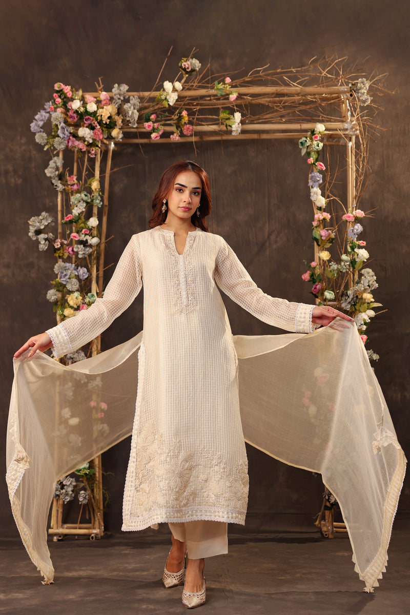 Vaayu Ivory Straight Long Kurta Set silk chanderi , silk tencel kurta/kurta set by Niti Bothra in ivory for women Worldwide
