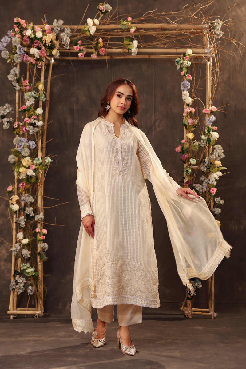 Vaayu Ivory Straight Long Kurta Set silk chanderi , silk tencel kurta/kurta set by Niti Bothra in ivory for women Worldwide