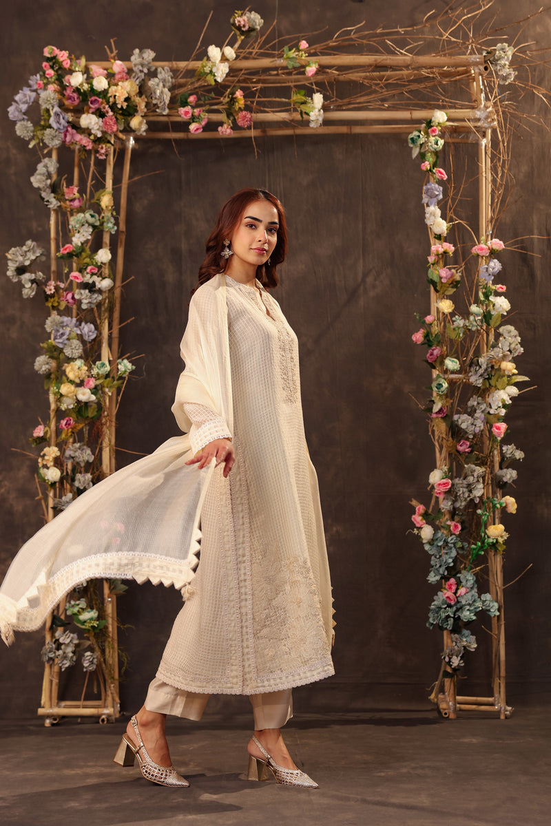 Vaayu Ivory Straight Long Kurta Set silk chanderi , silk tencel kurta/kurta set by Niti Bothra in ivory for women Worldwide