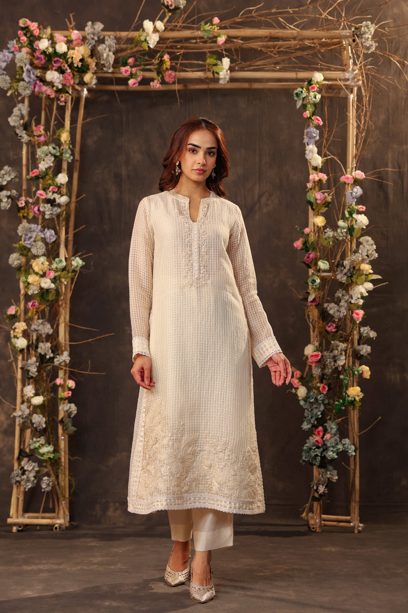 Vaayu Ivory Straight Long Kurta Set silk chanderi , silk tencel kurta/kurta set by Niti Bothra in ivory for women Worldwide