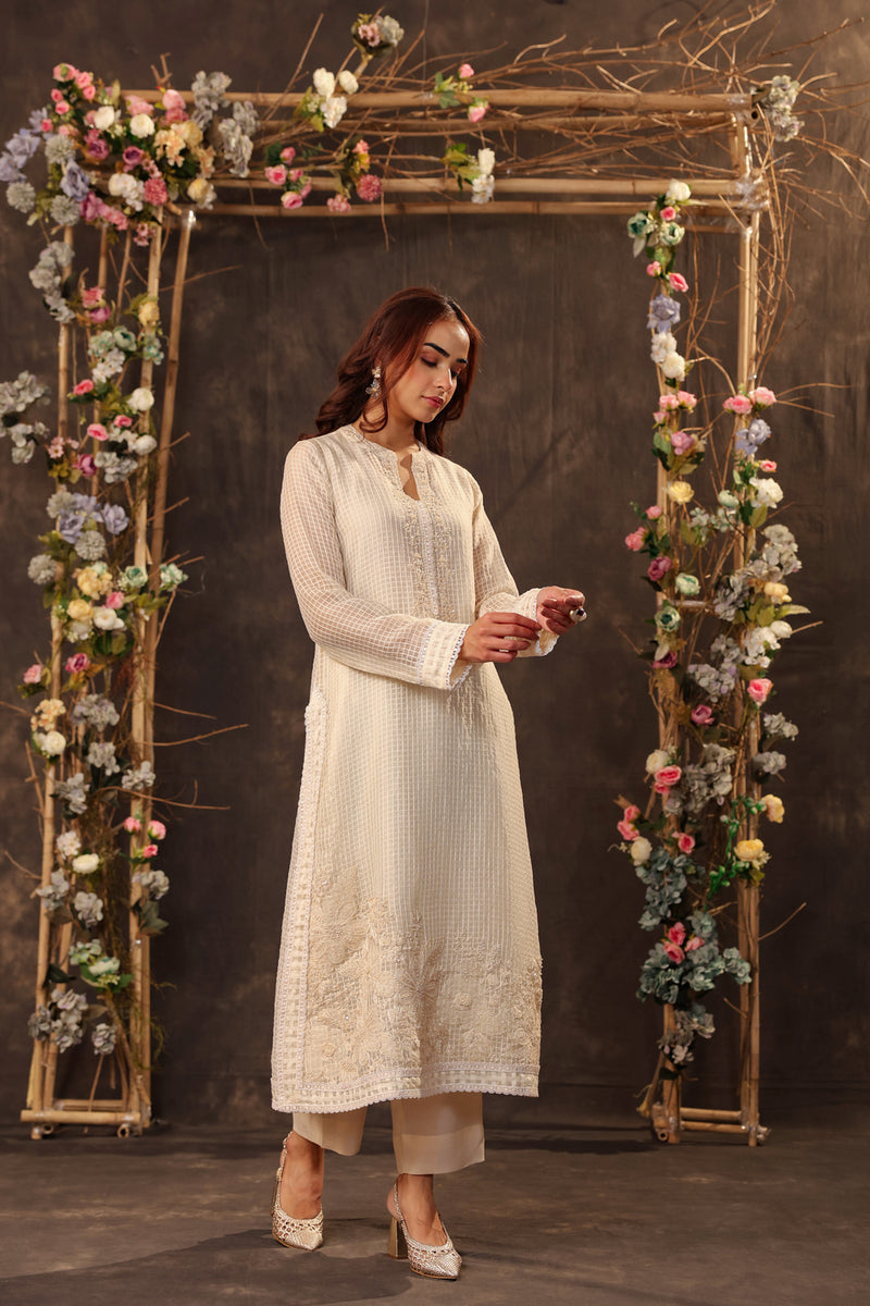 Vaayu Ivory Straight Long Kurta Set silk chanderi , silk tencel kurta/kurta set by Niti Bothra in ivory for women Worldwide