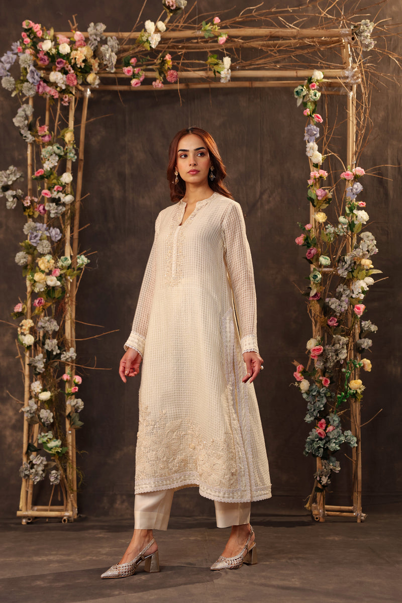 Vaayu Ivory Straight Long Kurta Set silk chanderi , silk tencel kurta/kurta set by Niti Bothra in ivory for women Worldwide