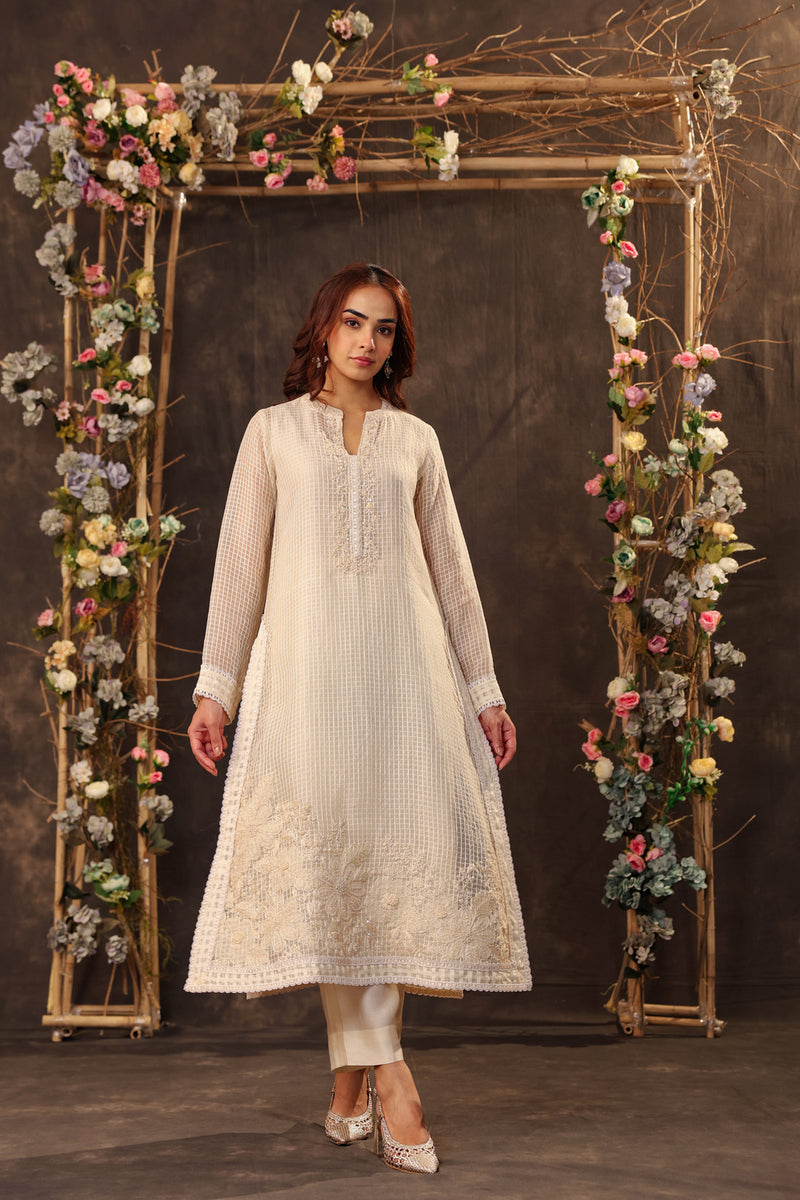 Vaayu Ivory Straight Long Kurta Set silk chanderi , silk tencel kurta/kurta set by Niti Bothra in ivory for women Worldwide