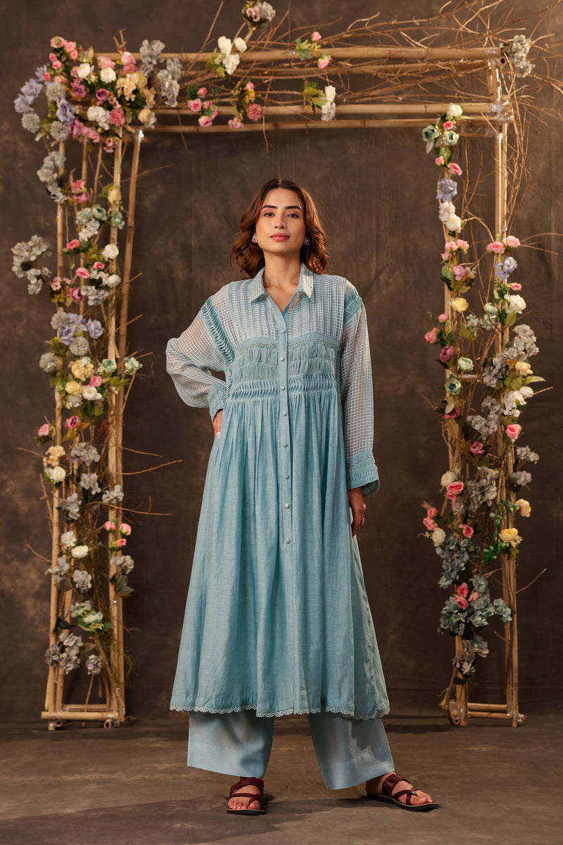 Vaayu Light Blue Pintuck Collar Kurta Set silk chanderi , silk tencel kurta/kurta set by Niti Bothra in light blue for women Worldwide