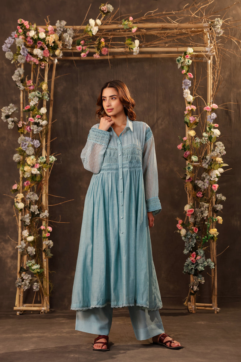 Vaayu Light Blue Pintuck Collar Kurta Set silk chanderi , silk tencel kurta/kurta set by Niti Bothra in light blue for women Worldwide