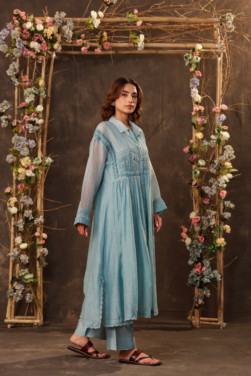 Vaayu Light Blue Pintuck Collar Kurta Set silk chanderi , silk tencel kurta/kurta set by Niti Bothra in light blue for women Worldwide