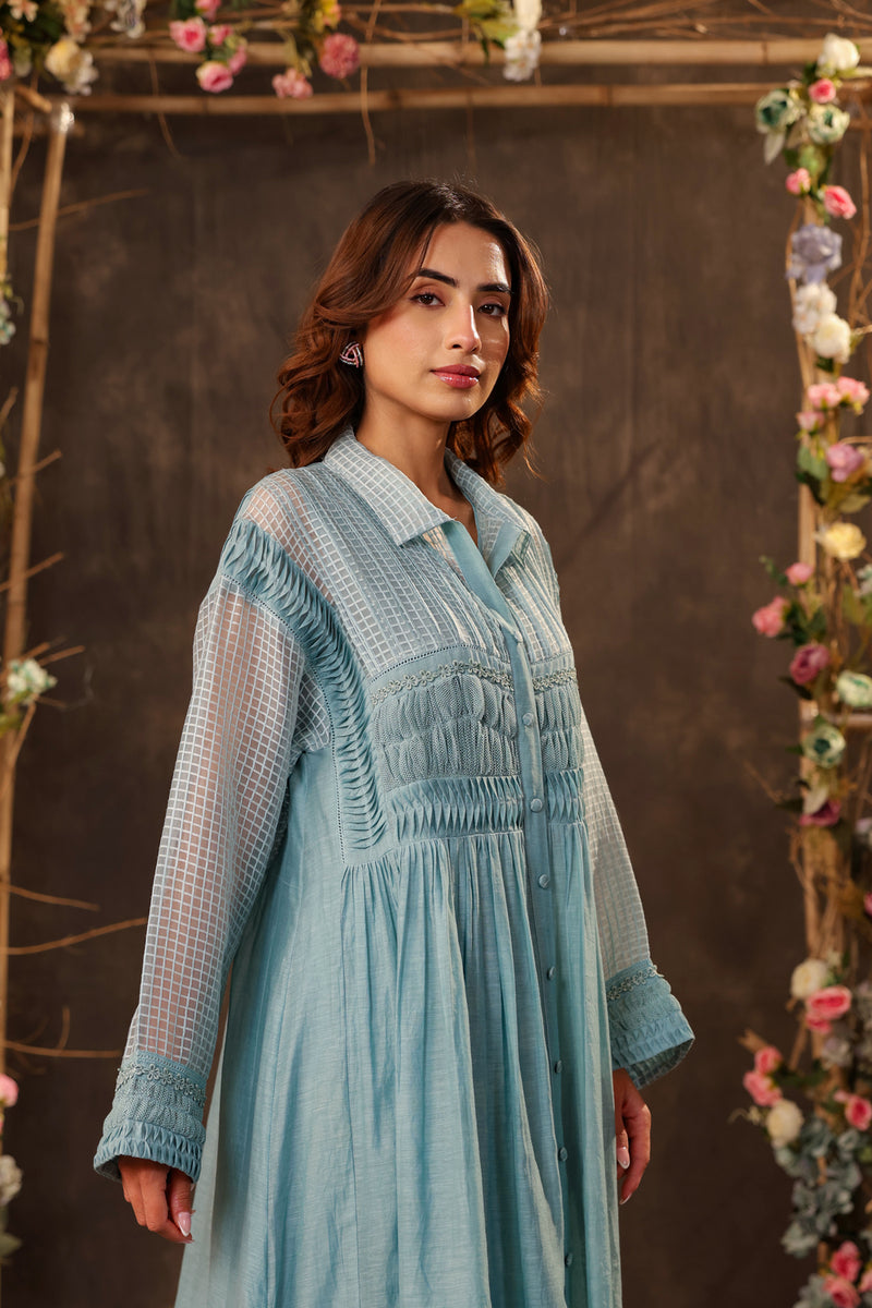 Vaayu Light Blue Pintuck Collar Kurta Set silk chanderi , silk tencel kurta/kurta set by Niti Bothra in light blue for women Worldwide