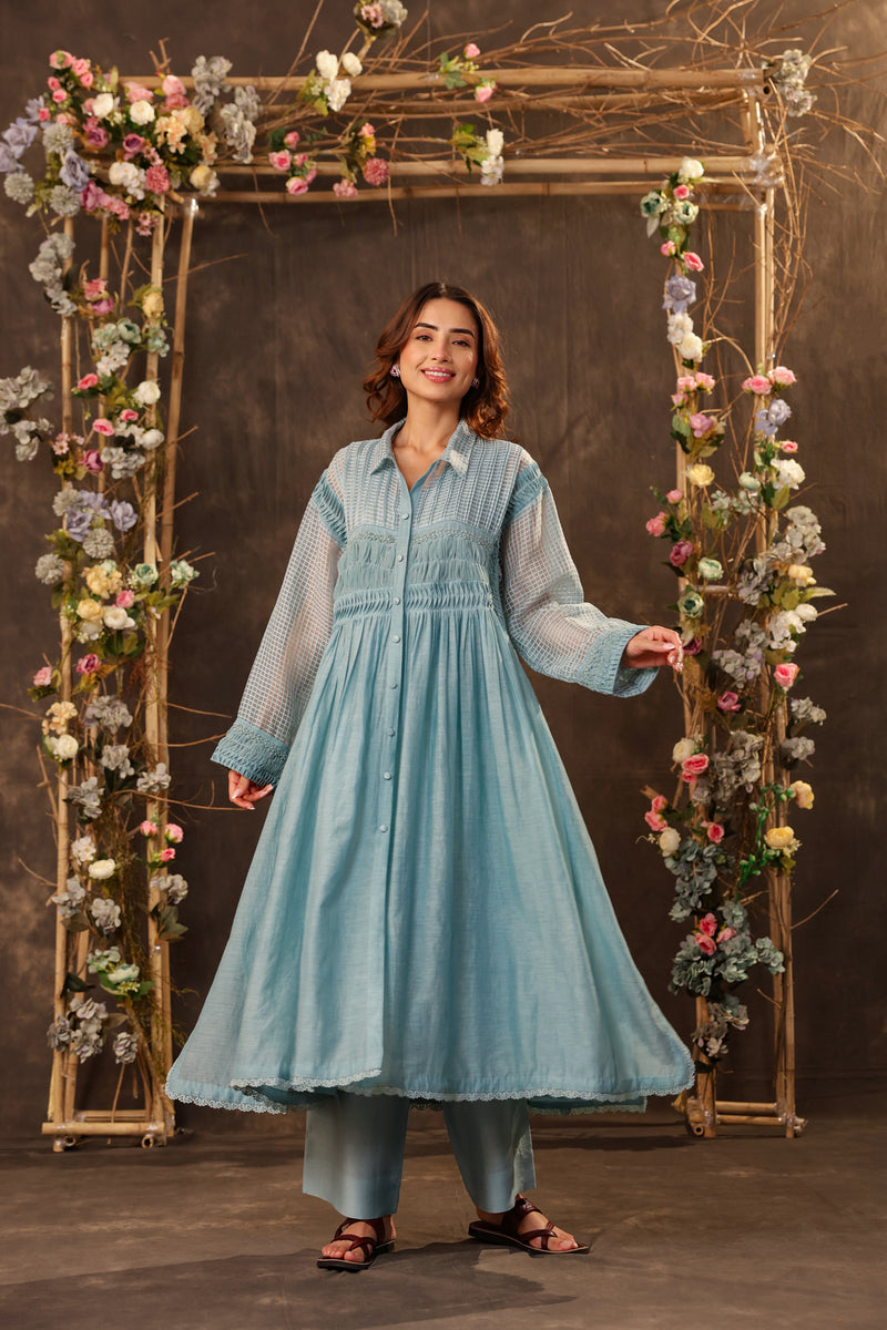 Vaayu Light Blue Pintuck Collar Kurta Set silk chanderi , silk tencel kurta/kurta set by Niti Bothra in light blue for women Worldwide