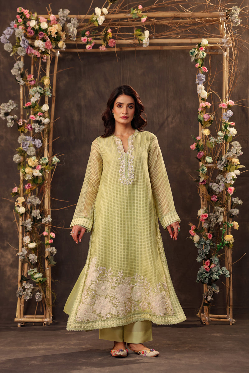 Vaayu Green Straight Long Kurta Set silk chanderi , silk tencel kurta/kurta set by Niti Bothra in green for women Worldwide