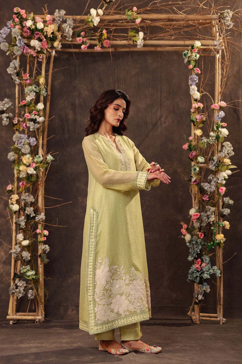 Vaayu Green Straight Long Kurta Set silk chanderi , silk tencel kurta/kurta set by Niti Bothra in green for women Worldwide