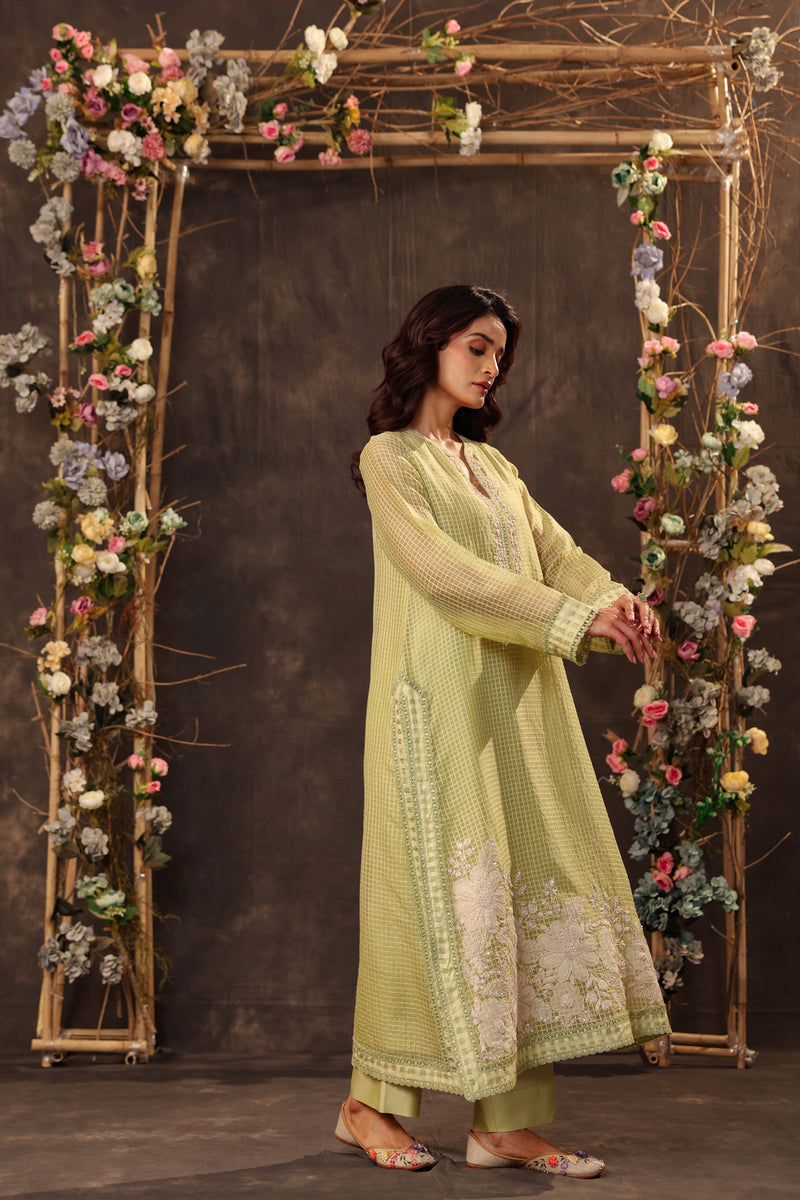 Vaayu Green Straight Long Kurta Set silk chanderi , silk tencel kurta/kurta set by Niti Bothra in green for women Worldwide
