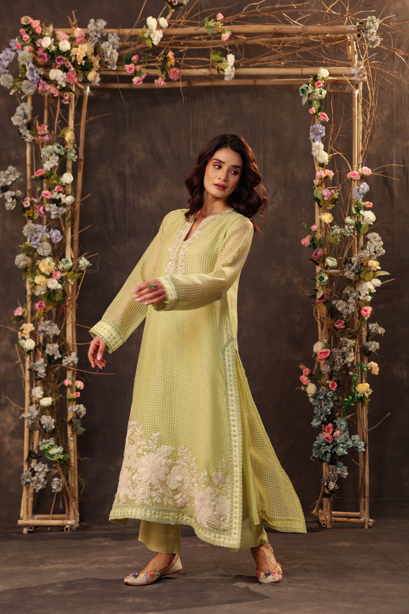 Vaayu Green Straight Long Kurta Set silk chanderi , silk tencel kurta/kurta set by Niti Bothra in green for women Worldwide