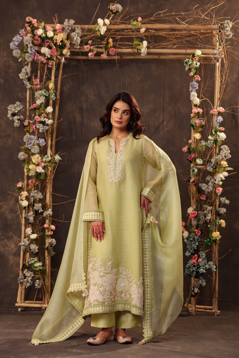 Vaayu Green Straight Long Kurta Set silk chanderi , silk tencel kurta/kurta set by Niti Bothra in green for women Worldwide