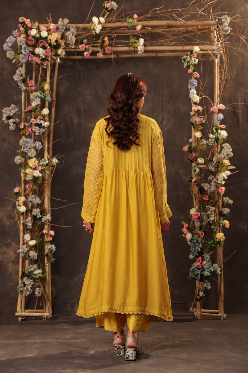 Vaayu Yellow Pintuck Collar Kurta Set silk chanderi , silk tencel kurta/kurta set by Niti Bothra in yellow for women Worldwide