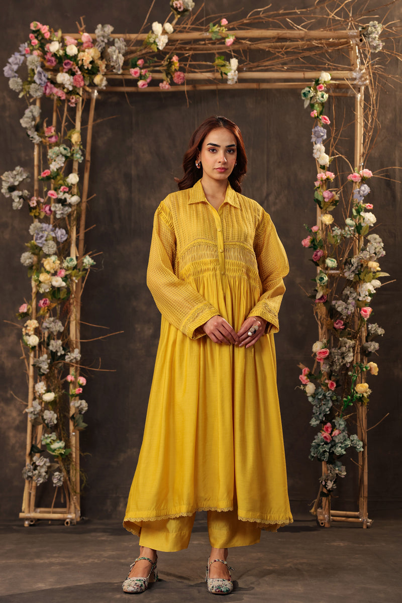 Vaayu Yellow Pintuck Collar Kurta Set silk chanderi , silk tencel kurta/kurta set by Niti Bothra in yellow for women Worldwide