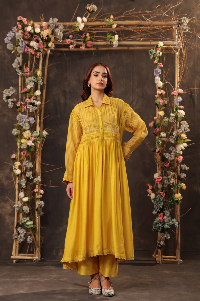 Vaayu Yellow Pintuck Collar Kurta Set silk chanderi , silk tencel kurta/kurta set by Niti Bothra in yellow for women Worldwide