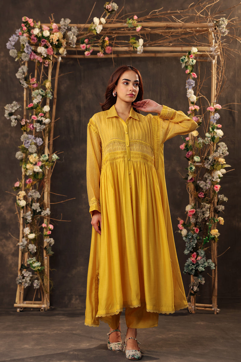 Vaayu Yellow Pintuck Collar Kurta Set silk chanderi , silk tencel kurta/kurta set by Niti Bothra in yellow for women Worldwide