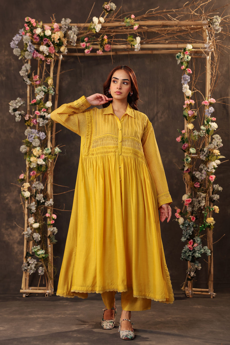 Vaayu Yellow Pintuck Collar Kurta Set silk chanderi , silk tencel kurta/kurta set by Niti Bothra in yellow for women Worldwide