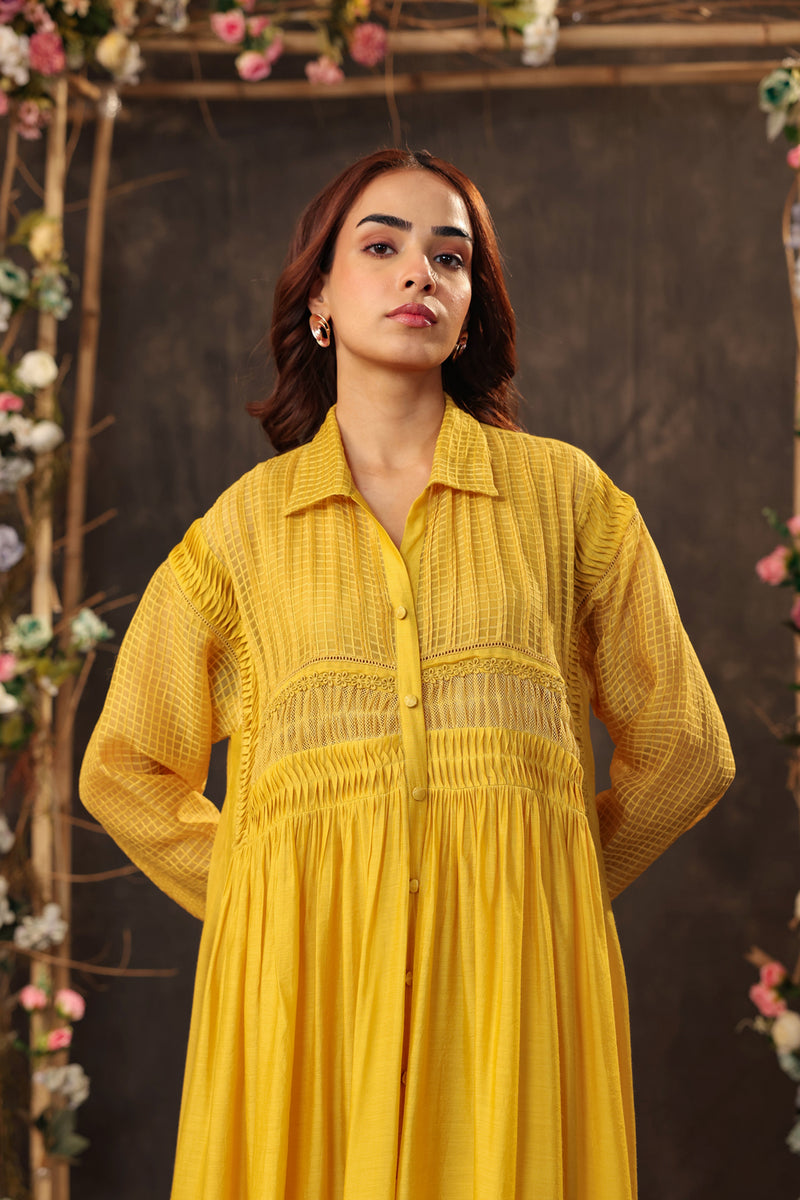 Vaayu Yellow Pintuck Collar Kurta Set silk chanderi , silk tencel kurta/kurta set by Niti Bothra in yellow for women Worldwide
