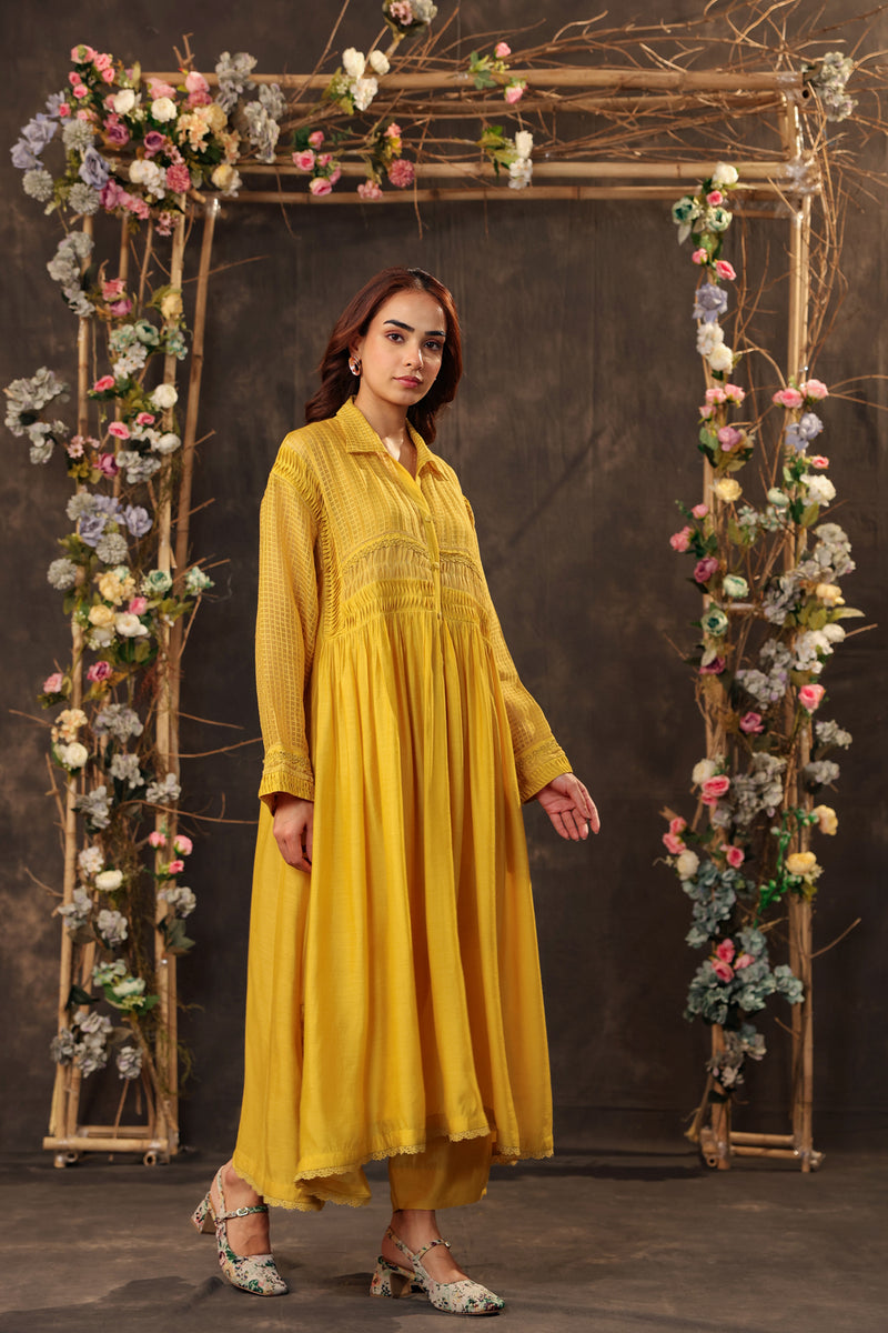 Vaayu Yellow Pintuck Collar Kurta Set silk chanderi , silk tencel kurta/kurta set by Niti Bothra in yellow for women Worldwide