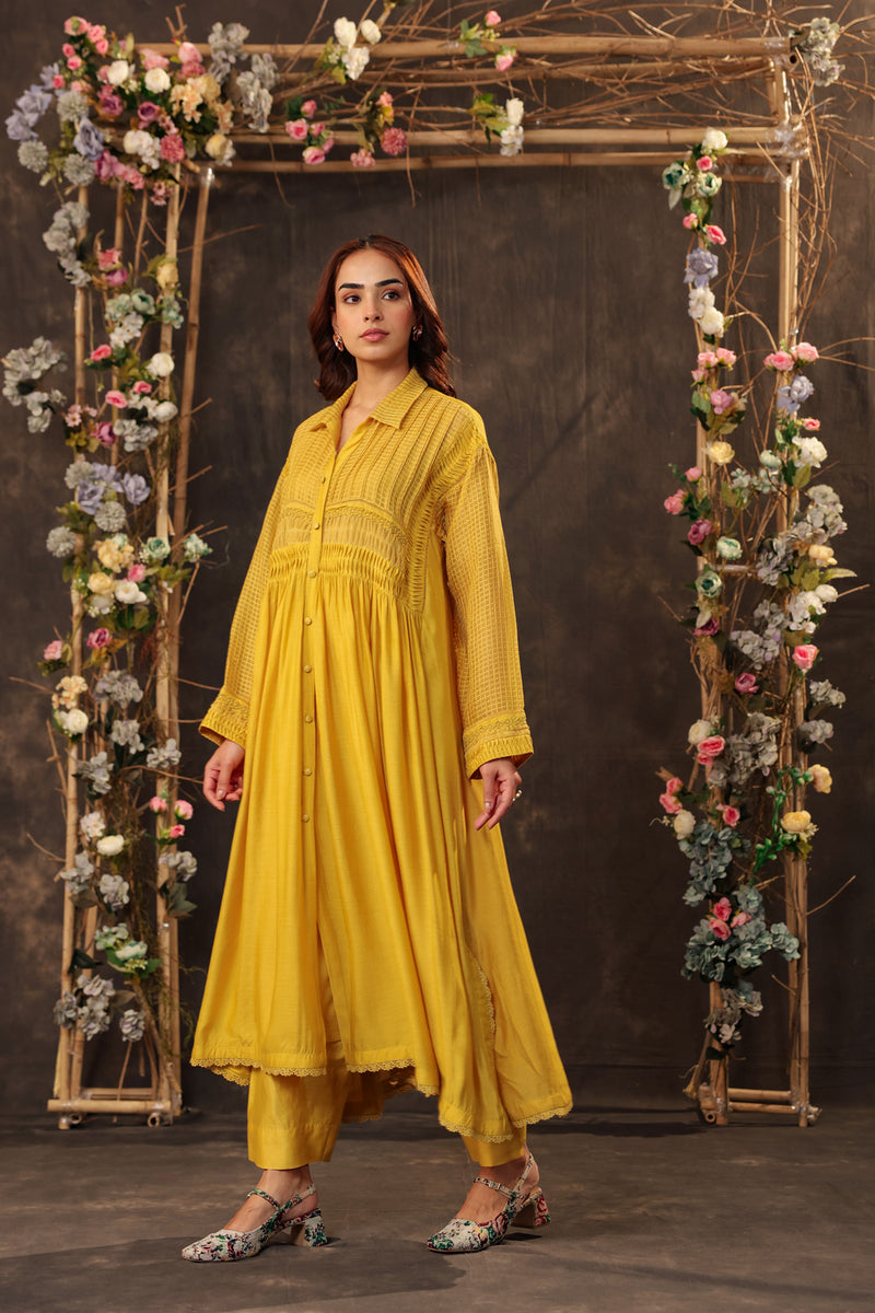 Vaayu Yellow Pintuck Collar Kurta Set silk chanderi , silk tencel kurta/kurta set by Niti Bothra in yellow for women Worldwide