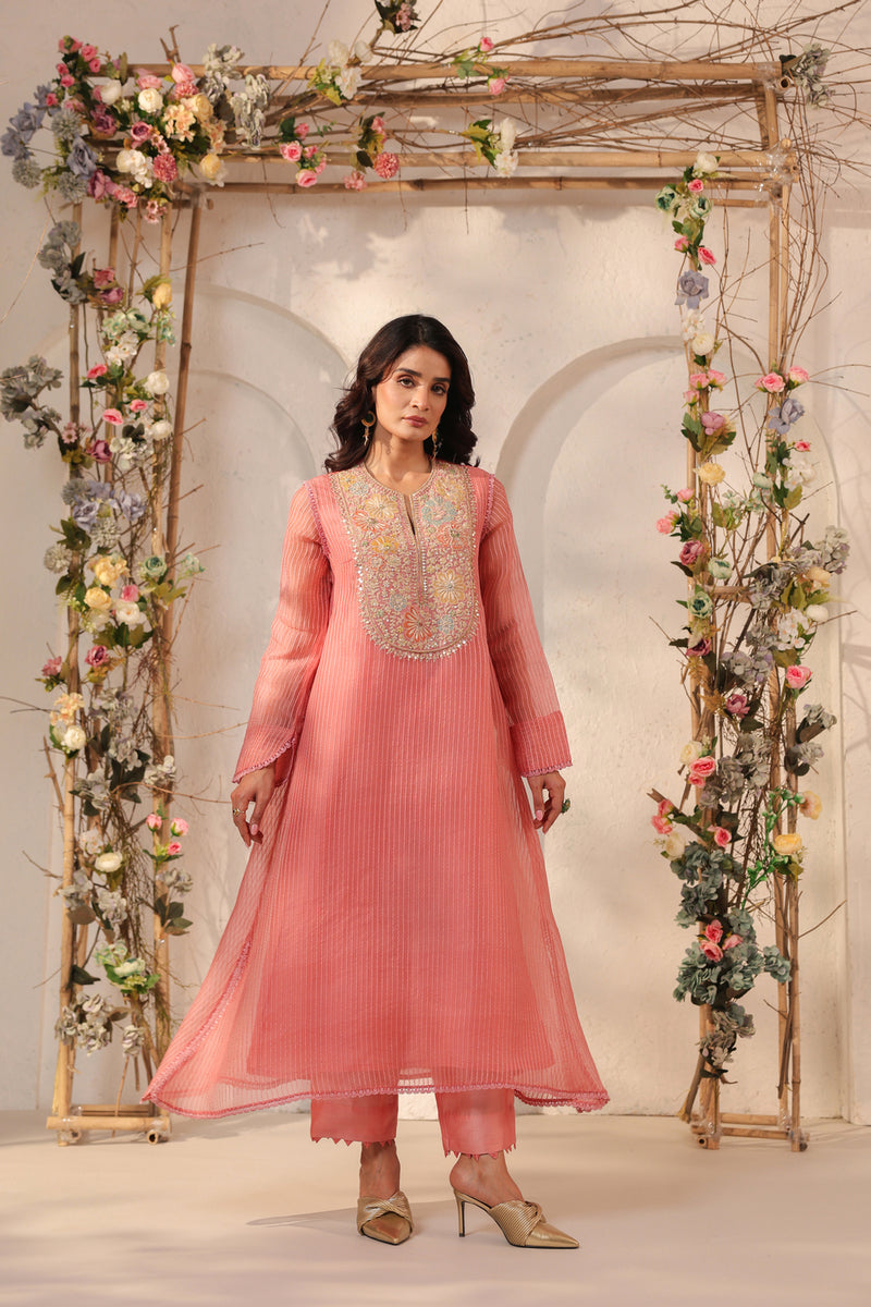 Vaayu Pink Applique Yoke Kurta Set silk chanderi , silk tencel kurta/kurta set by Niti Bothra in pink for women Worldwide