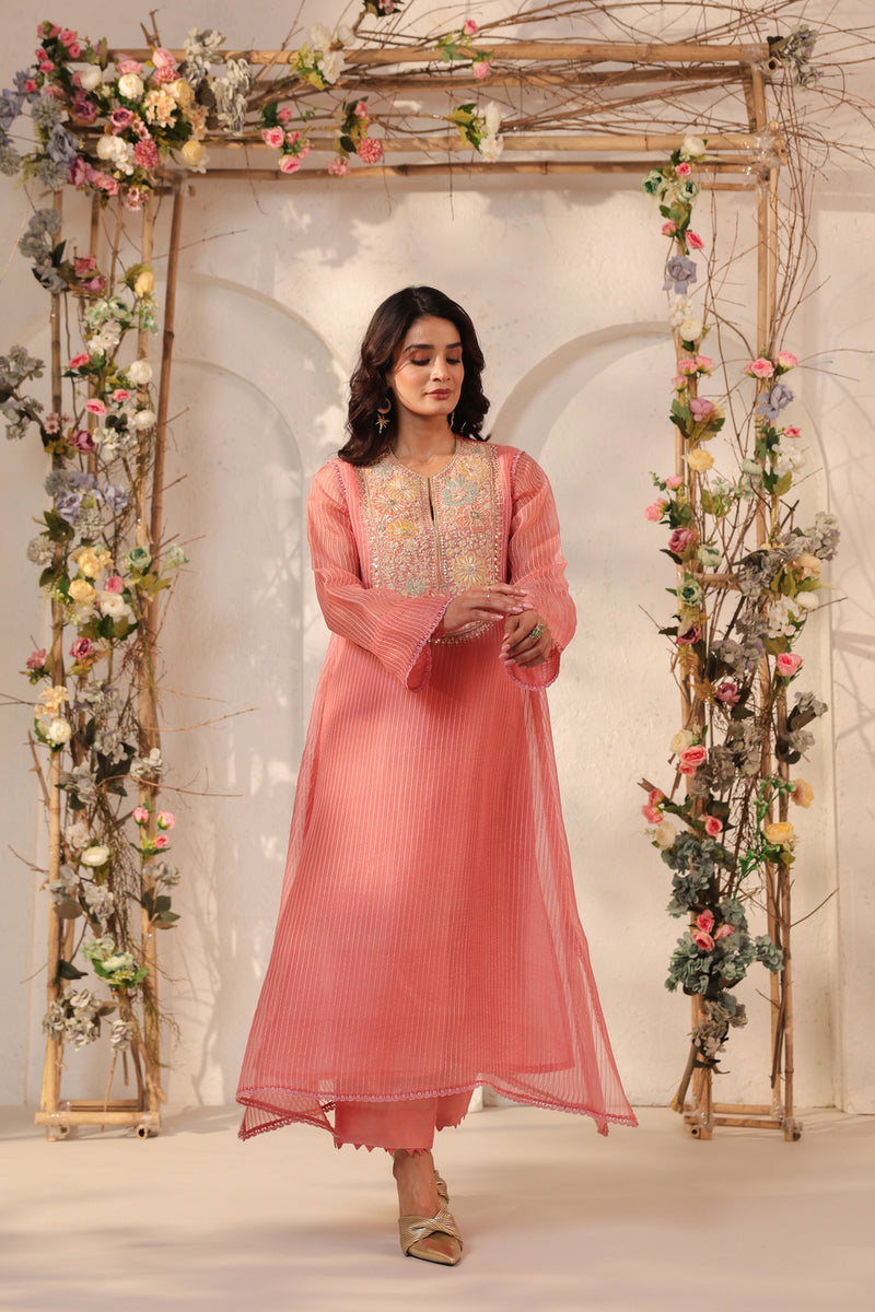 Vaayu Pink Applique Yoke Kurta Set silk chanderi , silk tencel kurta/kurta set by Niti Bothra in pink for women Worldwide