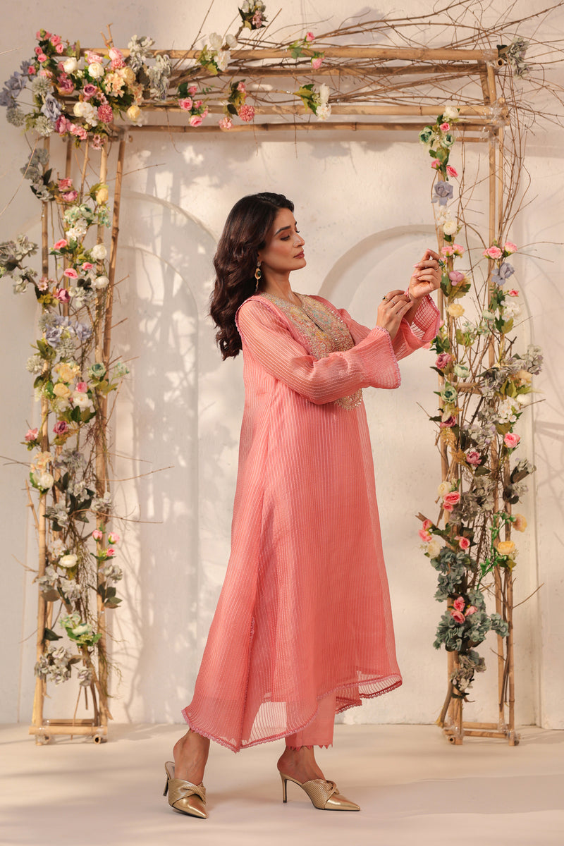 Vaayu Pink Applique Yoke Kurta Set silk chanderi , silk tencel kurta/kurta set by Niti Bothra in pink for women Worldwide