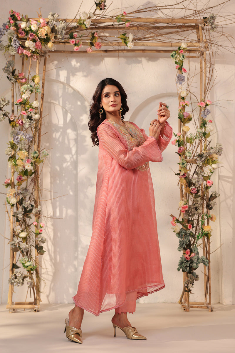 Vaayu Pink Applique Yoke Kurta Set silk chanderi , silk tencel kurta/kurta set by Niti Bothra in pink for women Worldwide
