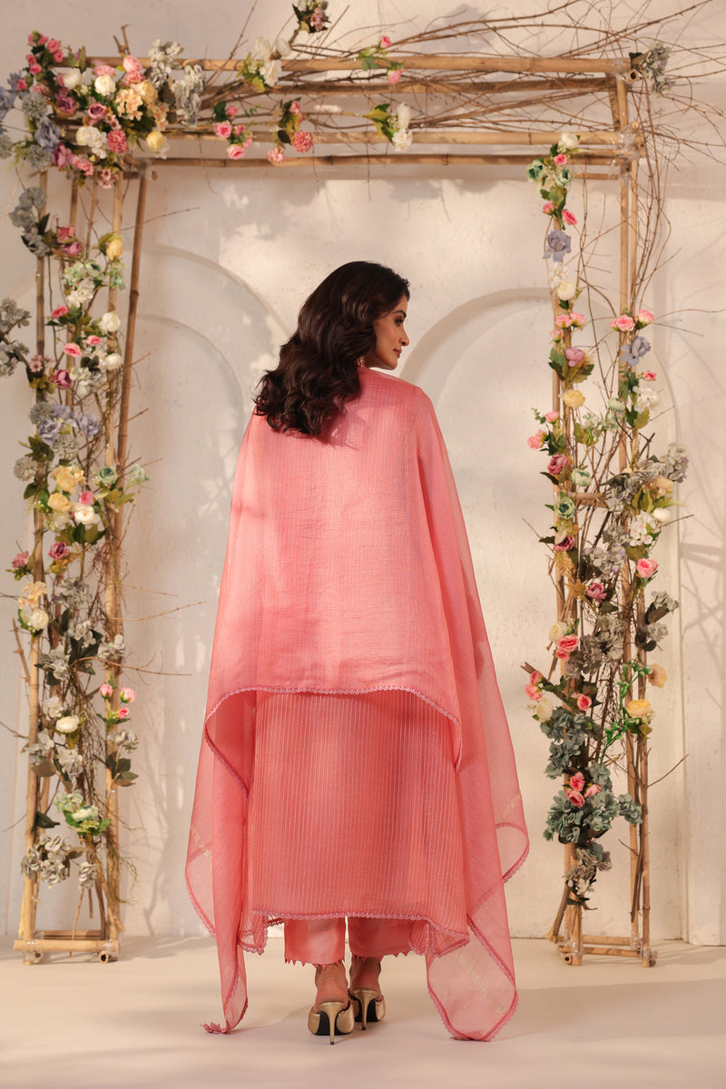 Vaayu Pink Applique Yoke Kurta Set silk chanderi , silk tencel kurta/kurta set by Niti Bothra in pink for women Worldwide