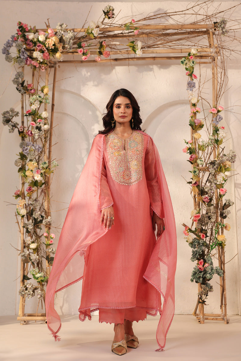Vaayu Pink Applique Yoke Kurta Set silk chanderi , silk tencel kurta/kurta set by Niti Bothra in pink for women Worldwide