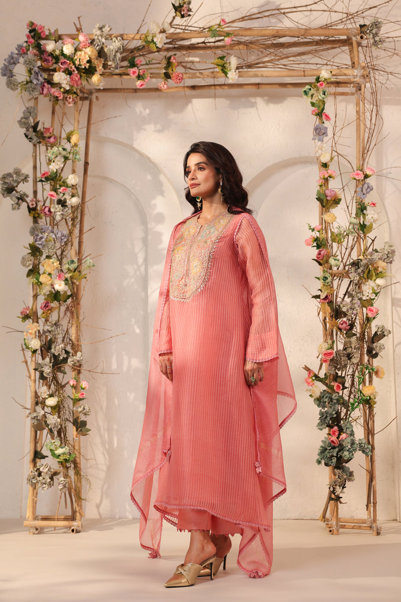 Vaayu Pink Applique Yoke Kurta Set silk chanderi , silk tencel kurta/kurta set by Niti Bothra in pink for women Worldwide