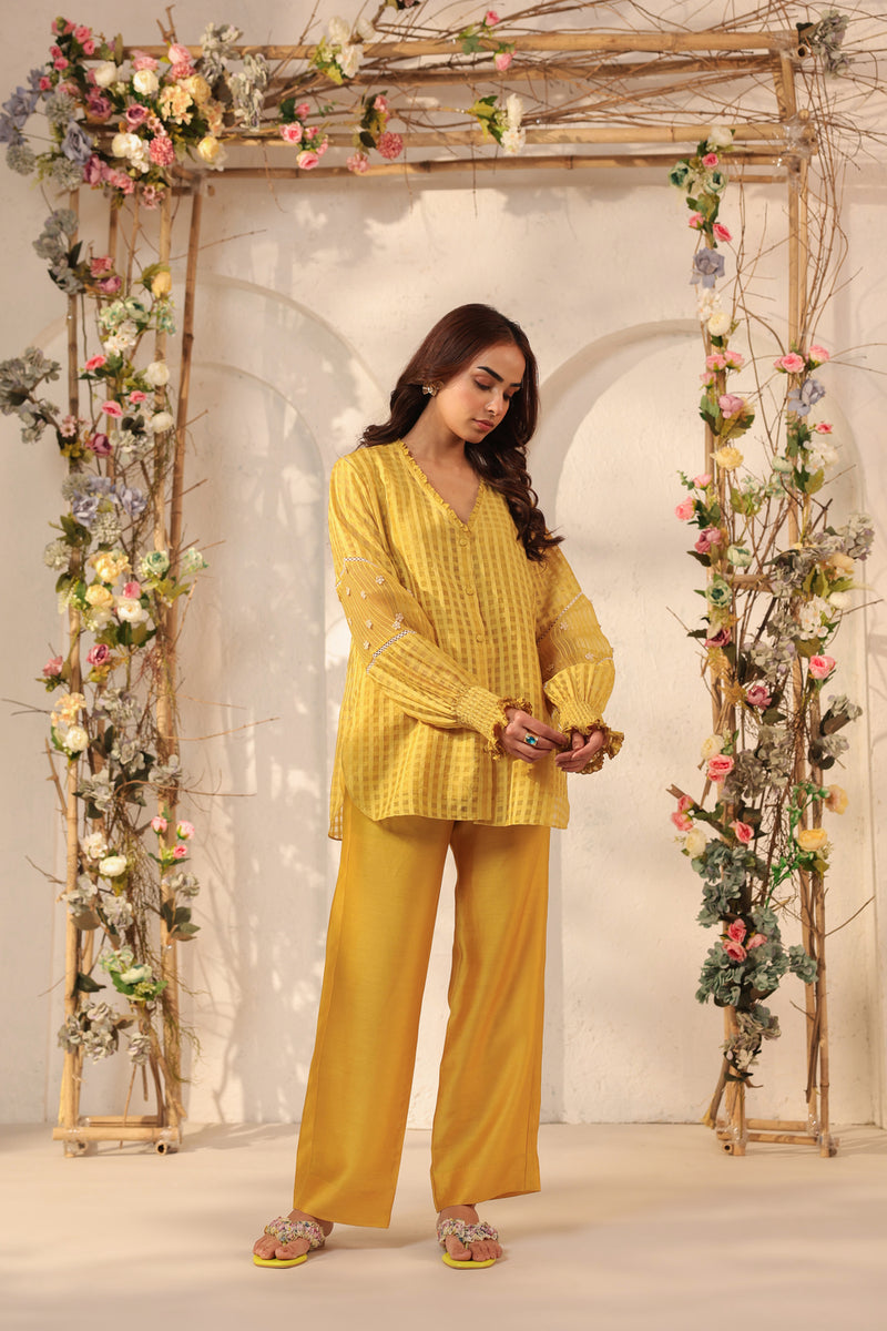 Vaayu Yellow V Neck Co ord Set silk chanderi , silk tencel kurta/kurta set by Niti Bothra in yellow for women Worldwide