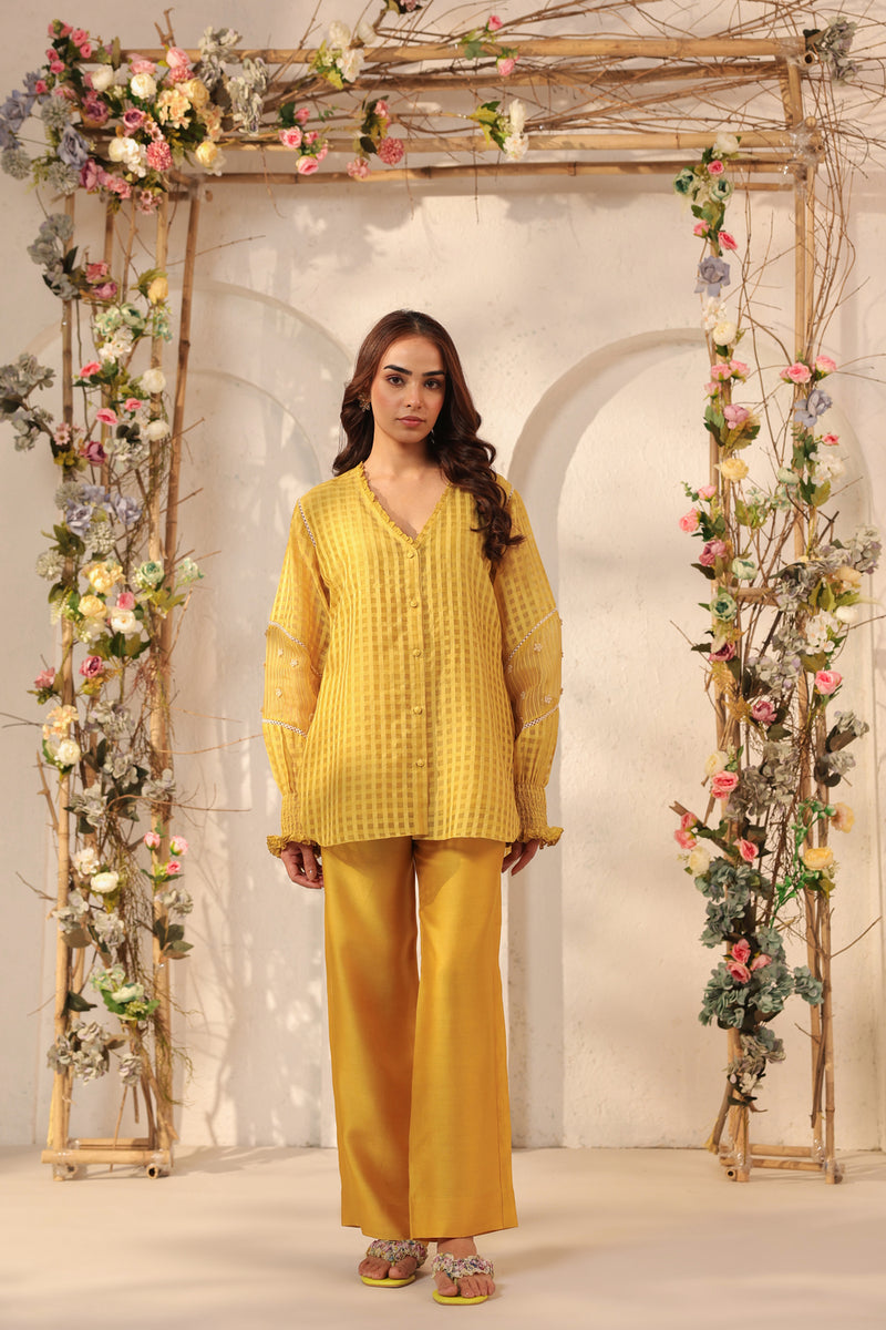 Vaayu Yellow V Neck Co ord Set silk chanderi , silk tencel kurta/kurta set by Niti Bothra in yellow for women Worldwide