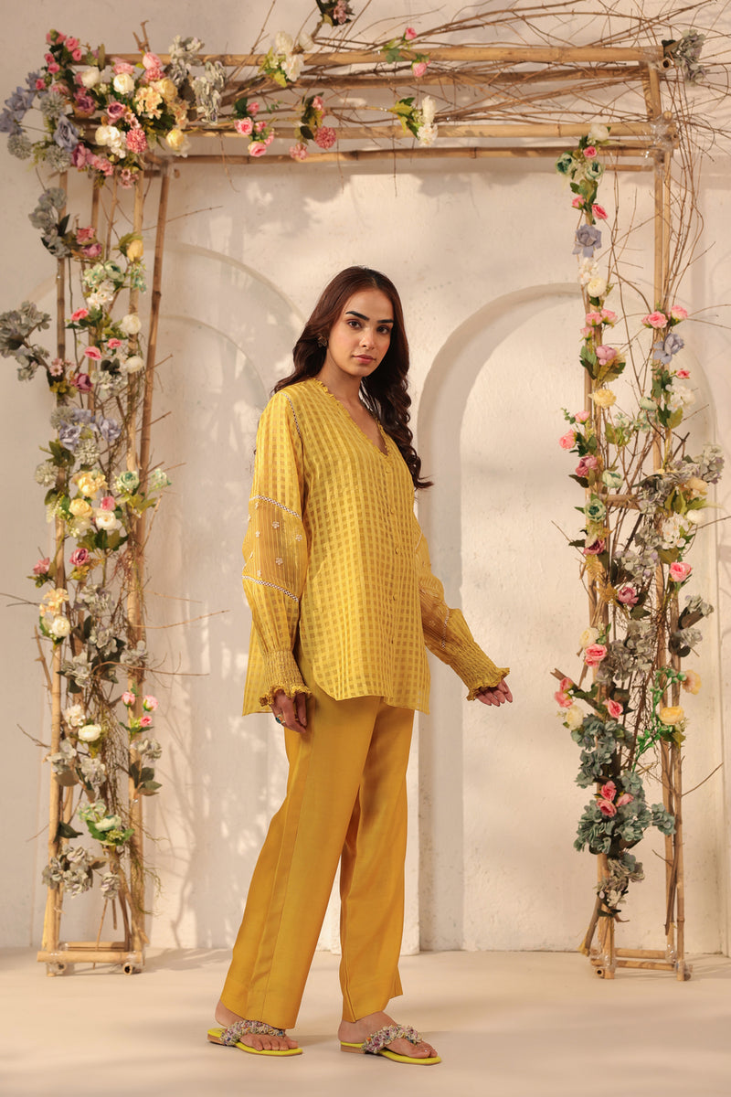 Vaayu Yellow V Neck Co ord Set silk chanderi , silk tencel kurta/kurta set by Niti Bothra in yellow for women Worldwide